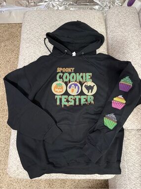 Spooky Cookie Tester Black Halloween Hoodie with Cupcake Sleeve Size XL